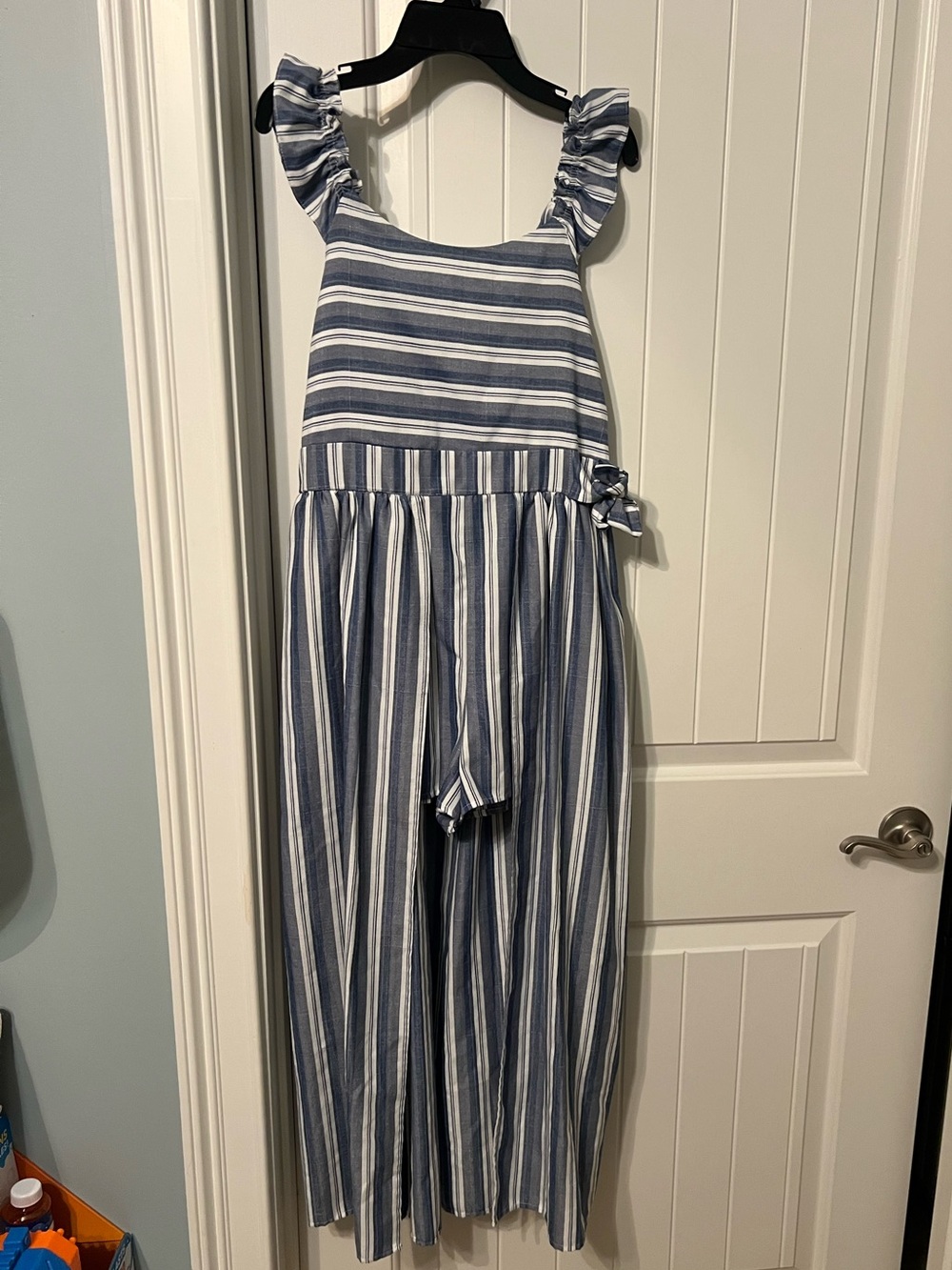Bonnie Jean Girls 16 Blue and White Striped Romper with Ruffle Straps